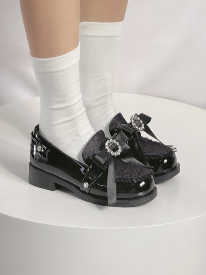 Black Bow at Top Jirai Kei Slip-in Fit Loafer Shoes