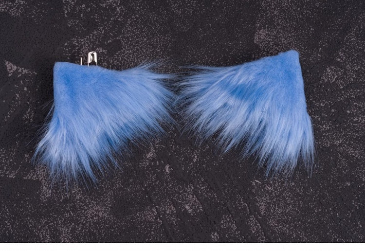 Pins and PU Buckle Blue and White Asymmetrical Kitty Ears Hairclips