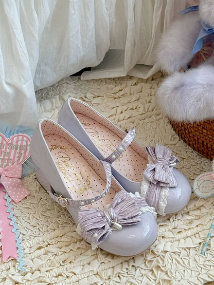 Purple Beaded Decorated Bow at Top 2.5CM/5CM Block Heels Round Toe Shoes