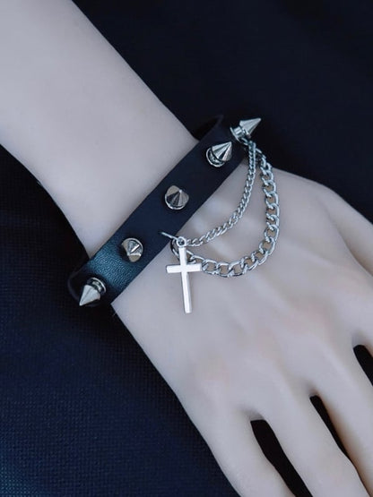 Black Gothic Cross And Chain Charm Studs Decorated Bracelet