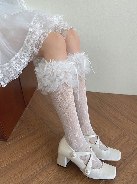 White Bowknot Details Lace Ruffled Cuffs Calf Socks