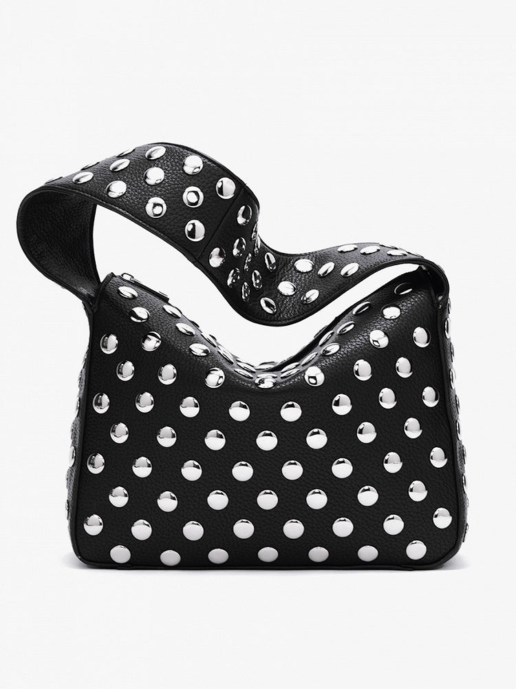 Edgy Black Studded Wide-Strap Shoulder Bag