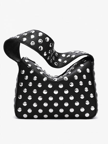 Edgy Black Studded Wide-Strap Shoulder Bag