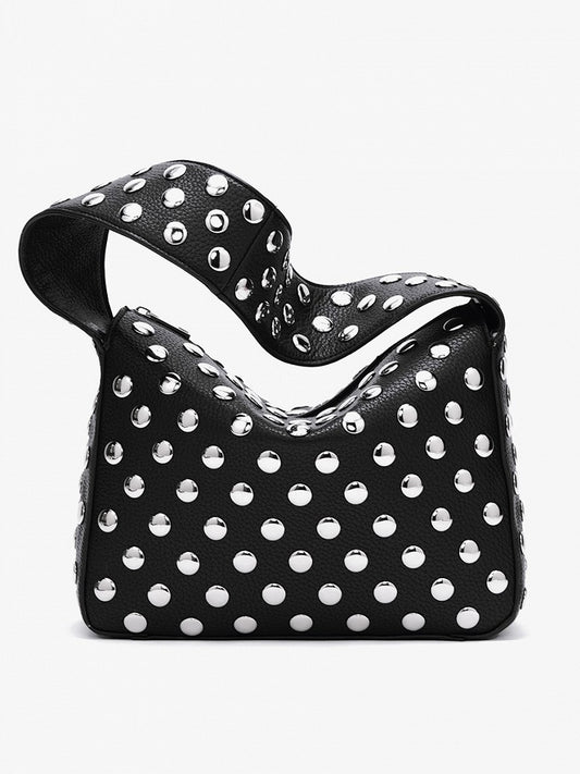 Edgy Black Studded Wide-Strap Shoulder Bag