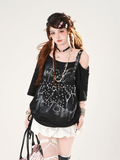 Asymmetrical Neckline Star-shaped Straps Black/White Waffle T-shirt