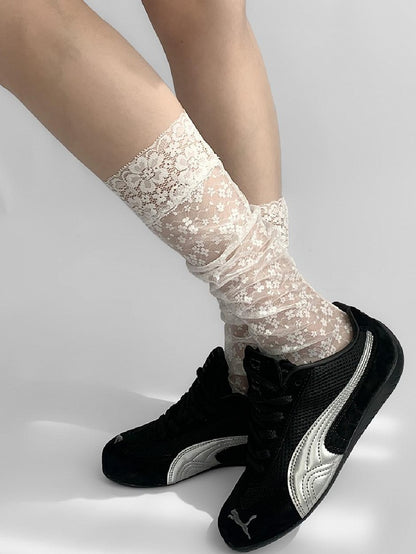 White Floral Embroidery Lace Trim Calf Socks