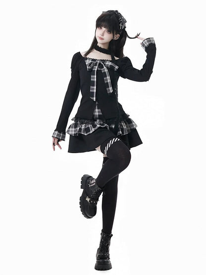 Subculture Fashion Black Faux Two-Piece Top with Plaid Bowknot and Lace Trim