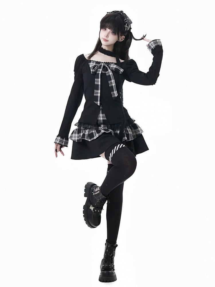 Black Plaid Tiered Skirt with Lace Trim