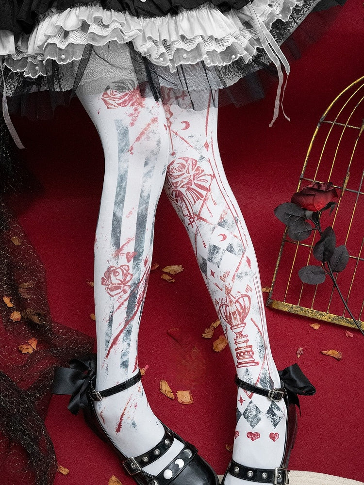 White/Blue/Red Floral Print Gothic Asymmetrical Design Tights