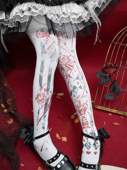 White/Blue/Red Floral Print Gothic Asymmetrical Design Tights