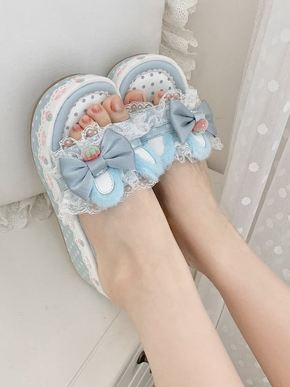 Blue Sweet Lolita Bow Accents Lace Trim Plush Bunny Ear Platform Slippers