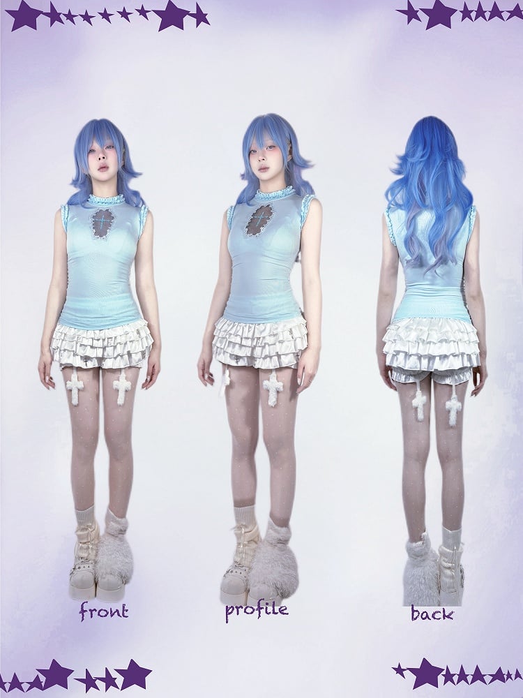 White Elastic Waist Tiered Ruffles Metal Cross Embellished Skort with Cross Charms