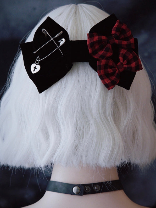 Black Bowknot With Double Red Plaid Pattern Bowknots And Pins Details Clip