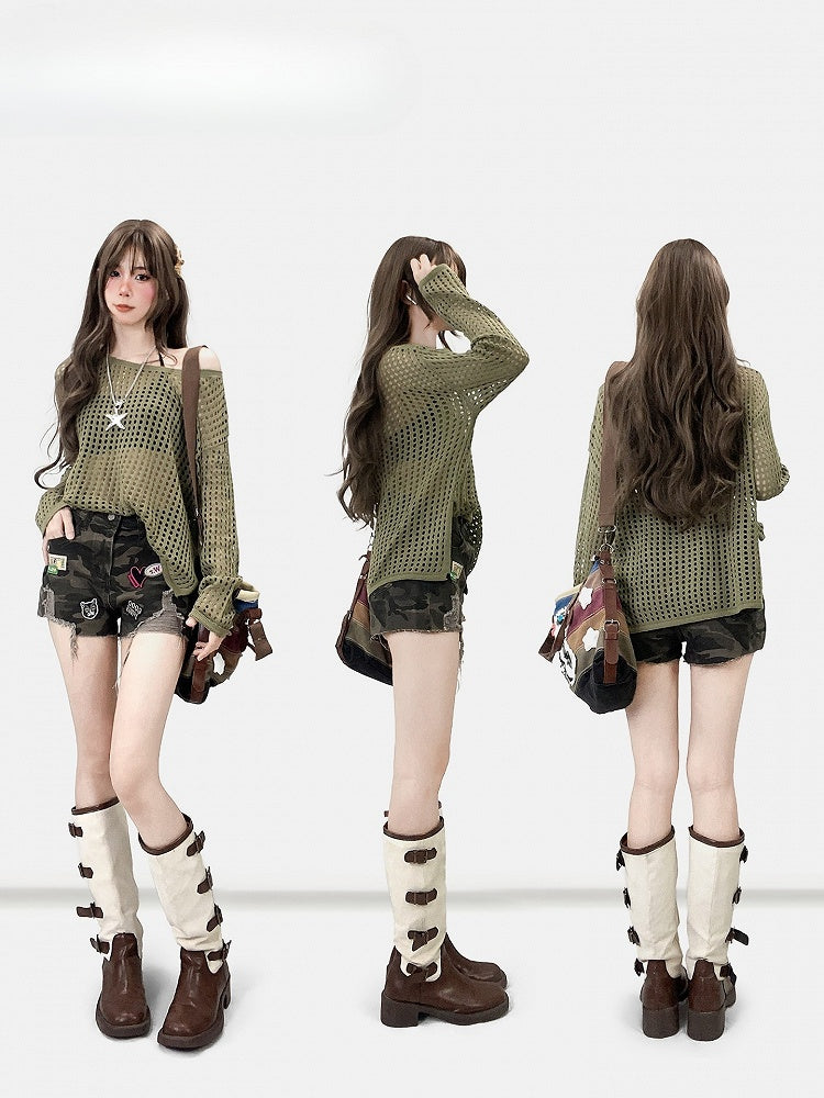 Army Green Hollow-out Design Semi-sheer Long Sleeves Top