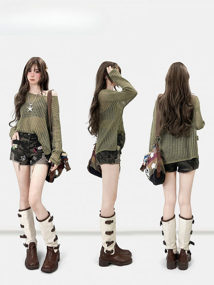 Army Green Hollow-out Design Semi-sheer Long Sleeves Top