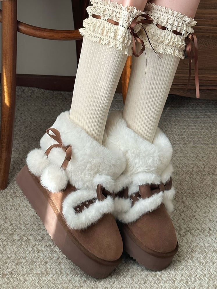 Sweet Lolita Dark Brown Platform Snow Boots - Plush Polka Dot Bunny Ears, Furry Lining & Pompoms Charm Self-Tie Straps