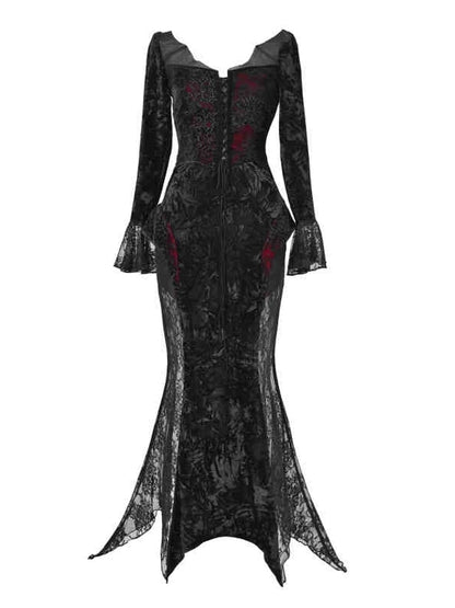 Bat Wings Shaped Neckline Romantic Goth Vampire Dress Velvet and Lace Mermaid Dress