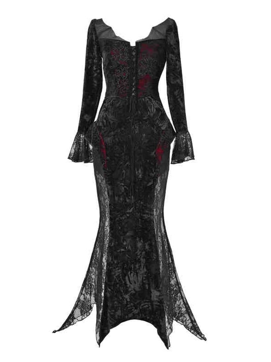 Bat Wings Shaped Neckline Romantic Goth Vampire Dress Velvet and Lace Mermaid Dress
