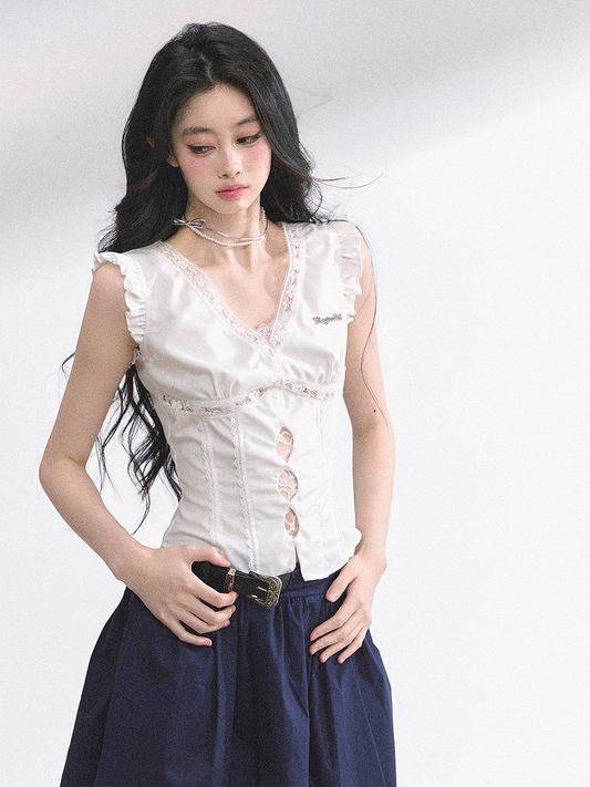 White V-neck Cutout Details Lace Patches Flutter Sleeves Top
