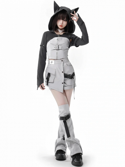 Gray Futuristic Zip and Buckle Strap Front Strapless Top