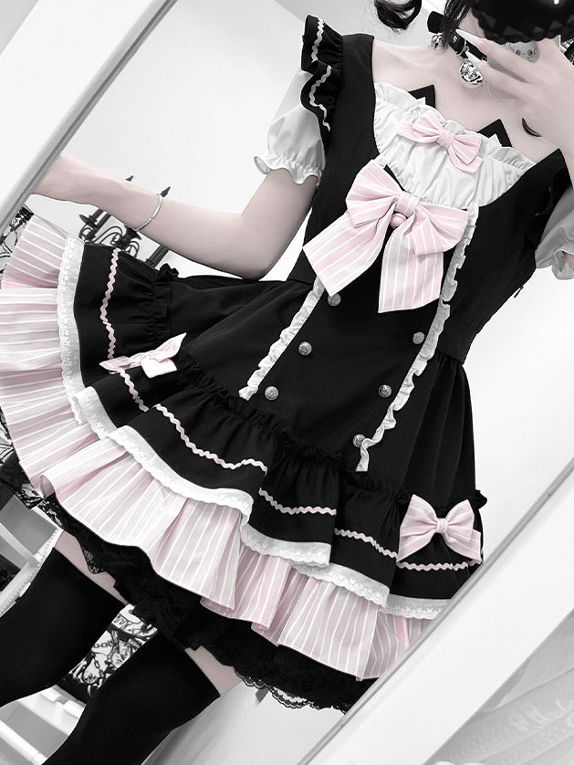 Kitty Ears Design Neckline Black and Pink Sweet Lolita One Piece with Detachable Bowknots