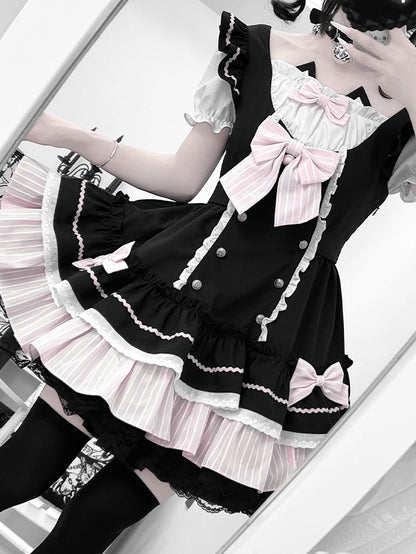 Kitty Ears Design Neckline Black and Pink Sweet Lolita One Piece with Detachable Bowknots