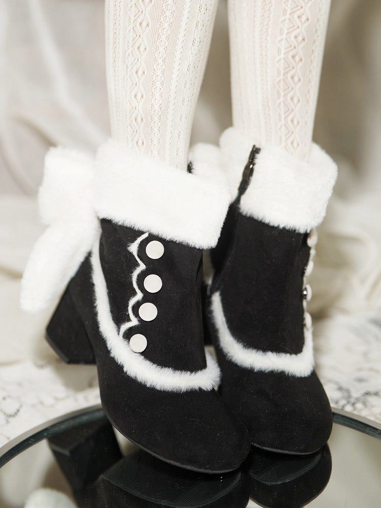 Black Sweet Lolita Mid-Calf Boots - Button Accents, Plush Bow & Furry Cuff with Inner Zip