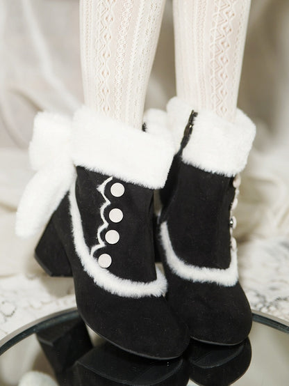 Black Sweet Lolita Mid-Calf Boots - Button Accents, Plush Bow & Furry Cuff with Inner Zip