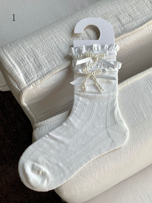 White Beaded Bowknot Decorated Lace Trim Socks