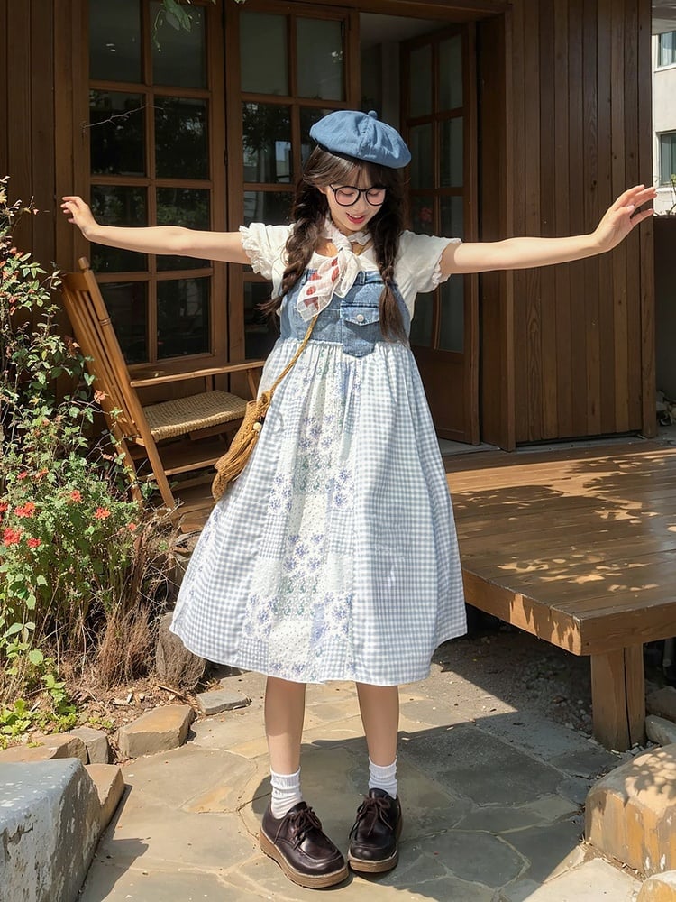 Blue Plaid and Floral Patchwork Design Mori Kei Denim Overall Dress