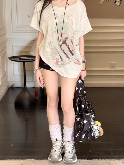 Cartoon Angel Print Apricot Round Neck T-shirt