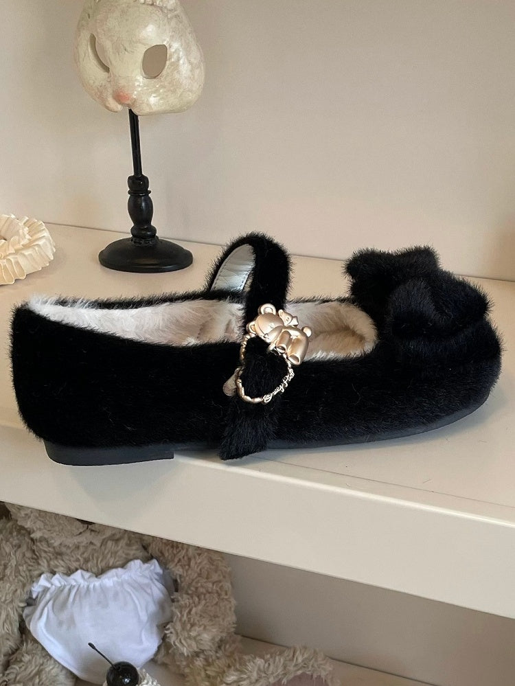 Thicken Version Sweet Black Lolita Flats for Winter - Bow at Top, Fleece Lining & Bear Decor Heart Buckle
