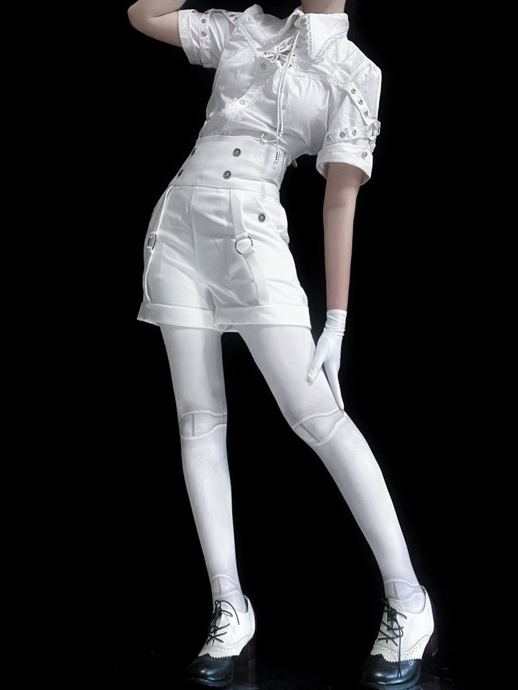 White Ouji Lolita Fashion Lace-up Neckline Short Sleeves Shirt