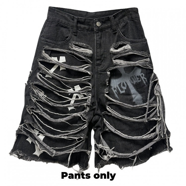 Dark Gray Cross Appliques Distressed Holes Y2K Glamorous Denim Shorts
