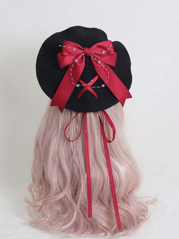 Gentle Lolita Black Beret With Dark Red / Black Bowknot Ribbon
