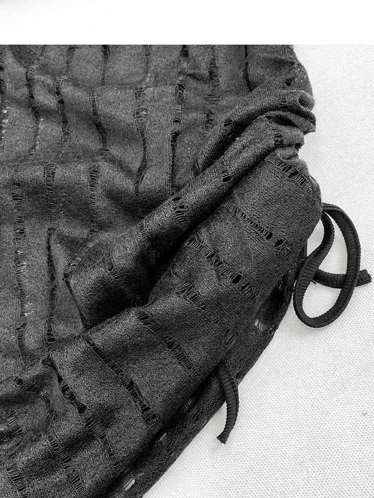 Black Cutout Detail Asymmetrical Hem Long Sleeves Top + Scarf