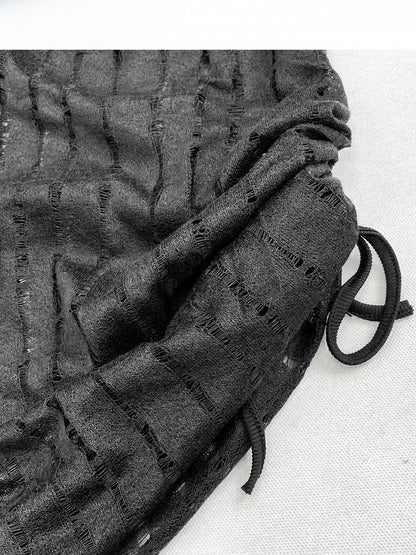 Black Cutout Detail Asymmetrical Hem Long Sleeves Top + Scarf