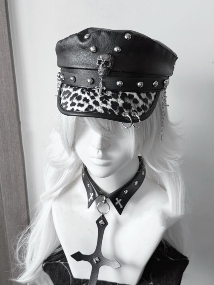 Y2K Gyaru Fashion Leopard PU Cross Charm Punk Studded Hat