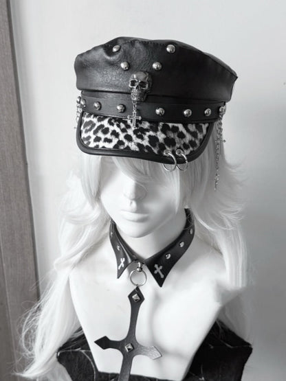 Y2K Gyaru Fashion Leopard PU Cross Charm Punk Studded Hat