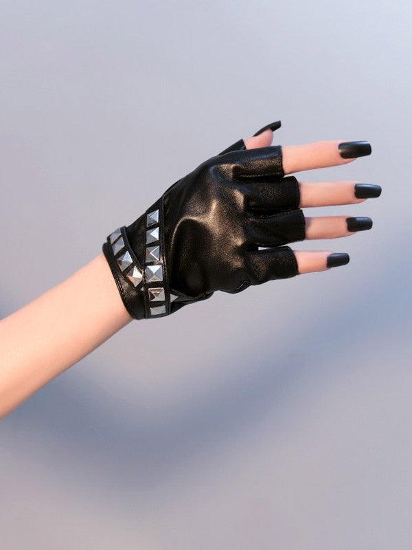 Black/White Steampunk Studs Details Finger Gloves