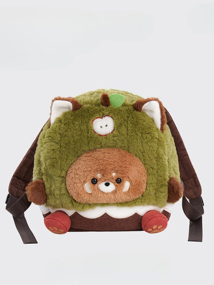 Brown&Green Apple Design Cute Plush Red Panda Backpack Middle/Large Size