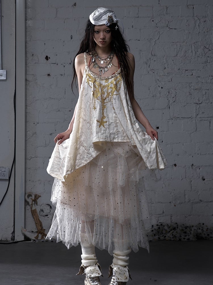 Black/White/Apricot Elastic Waist Sequin Details Tiered Mesh Skirt