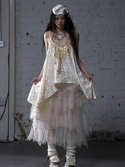 Black/White/Apricot Elastic Waist Sequin Details Tiered Mesh Skirt