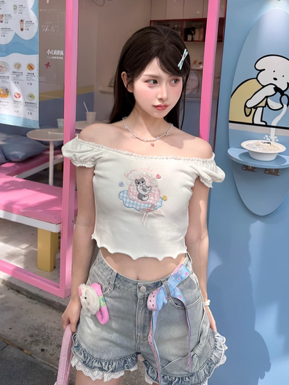 Adorable Cat Embroidery White Square Neckline and Short Puff Sleeves T-shirt