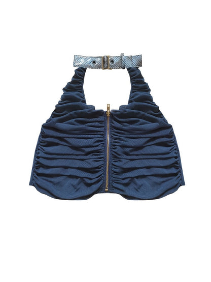 Navy Blue Zip Closure Halter Neck Punk Top