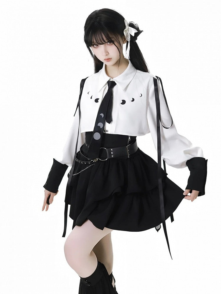 Wine Red/White Ribbon Moon Print Shirt With A Tie