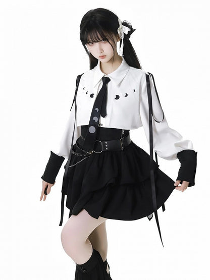 Wine Red/White Ribbon Moon Print Shirt With A Tie