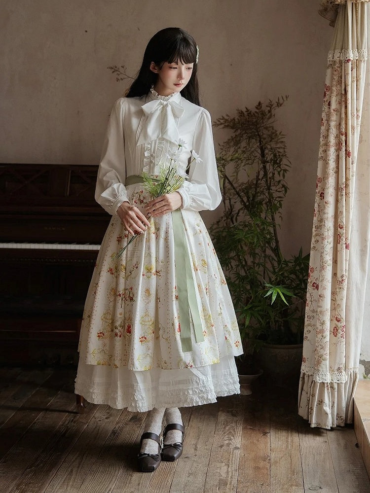 White Elegant Classic Lolita Skirt with Hawthorn and Bird Print and Green Belt