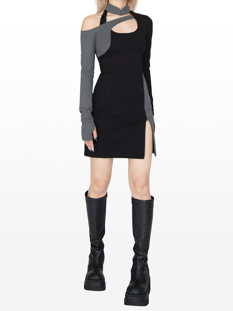 Cyberpunk Black & Grey Banded Collar Cutout Detail Side Slit Glamorous Dress