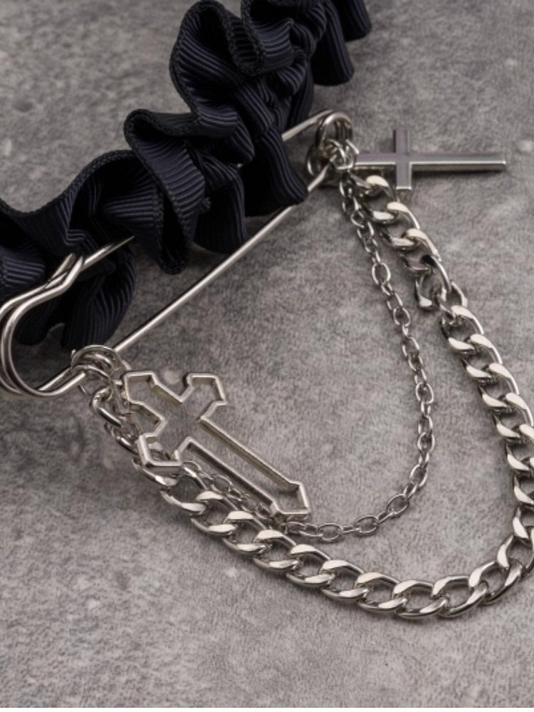 Black Ruffle Trim Decorated Pin With Cross Design KC